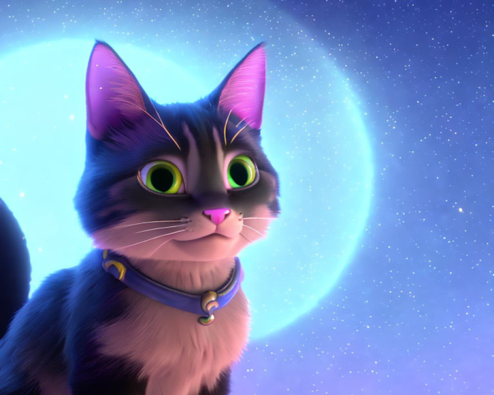 Wide-eyed cat with blue collar under crescent moon & stars