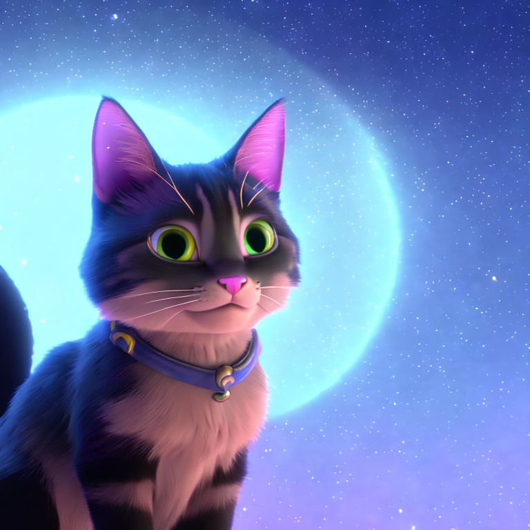 Wide-eyed cat with blue collar under crescent moon & stars