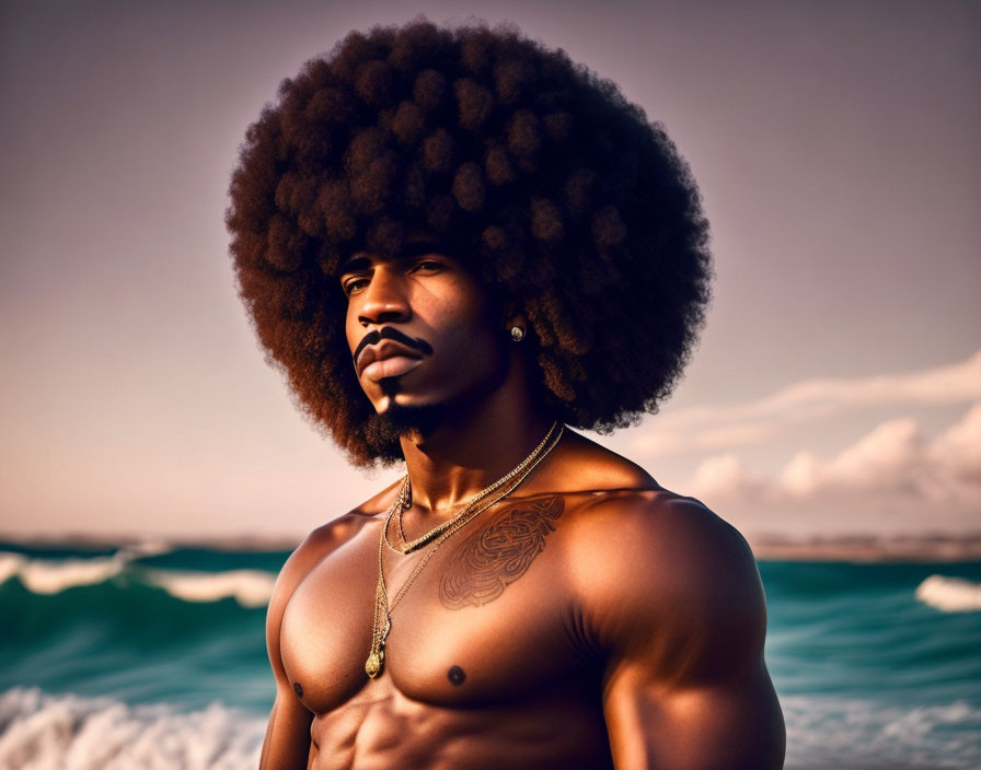 Muscular man with afro gazes at sunset by the sea.