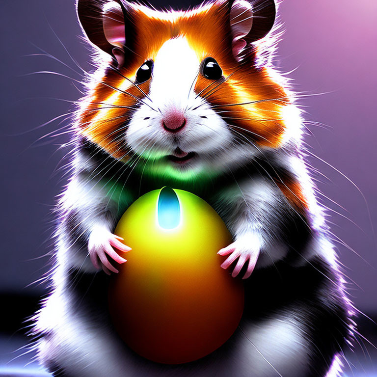 Colorful Hamster Holding Golden Egg on Purple Background