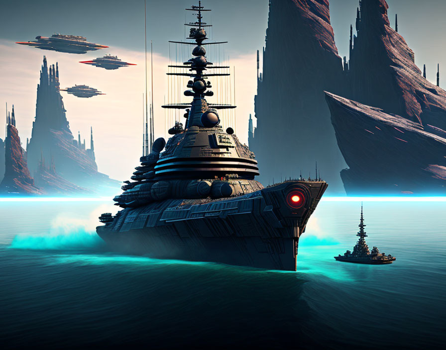 Futuristic naval ships and flying craft on alien planet with tall spires