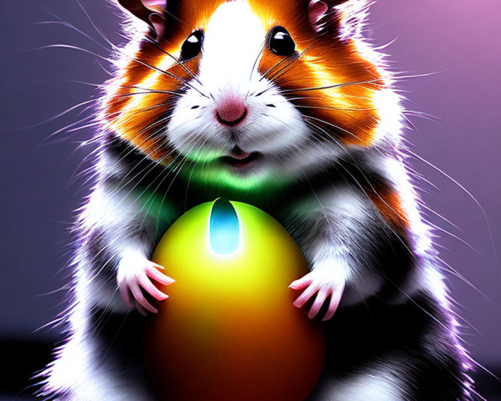 Colorful Hamster Holding Golden Egg on Purple Background