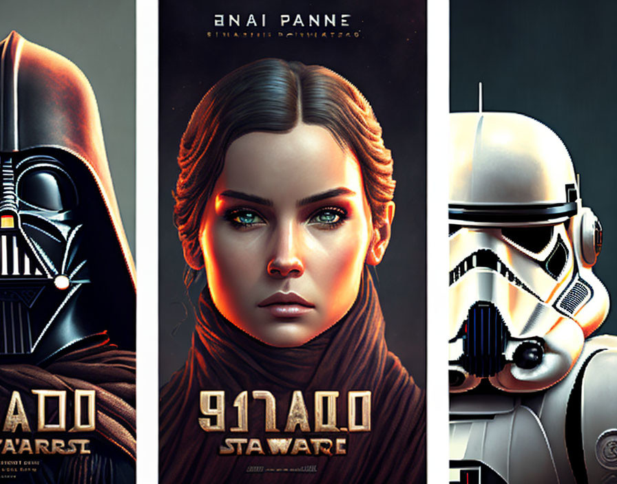 Star Wars characters portraits: Darth Vader, green-eyed female, stormtrooper