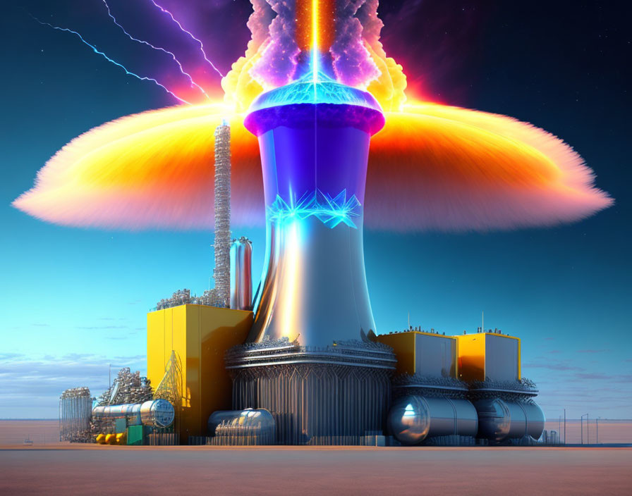 Futuristic digital artwork: towering power plant in stormy sky