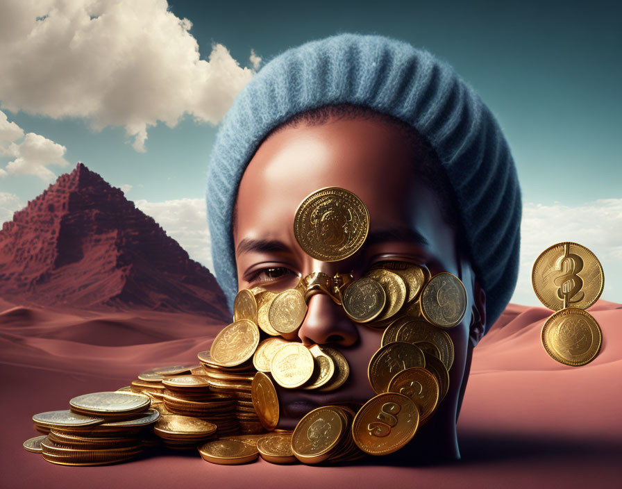 Surreal portrait: person's face merges with golden coins, desert backdrop, pyramid