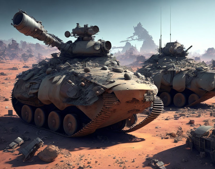 Futuristic tanks with elaborate armor on Mars-like landscape