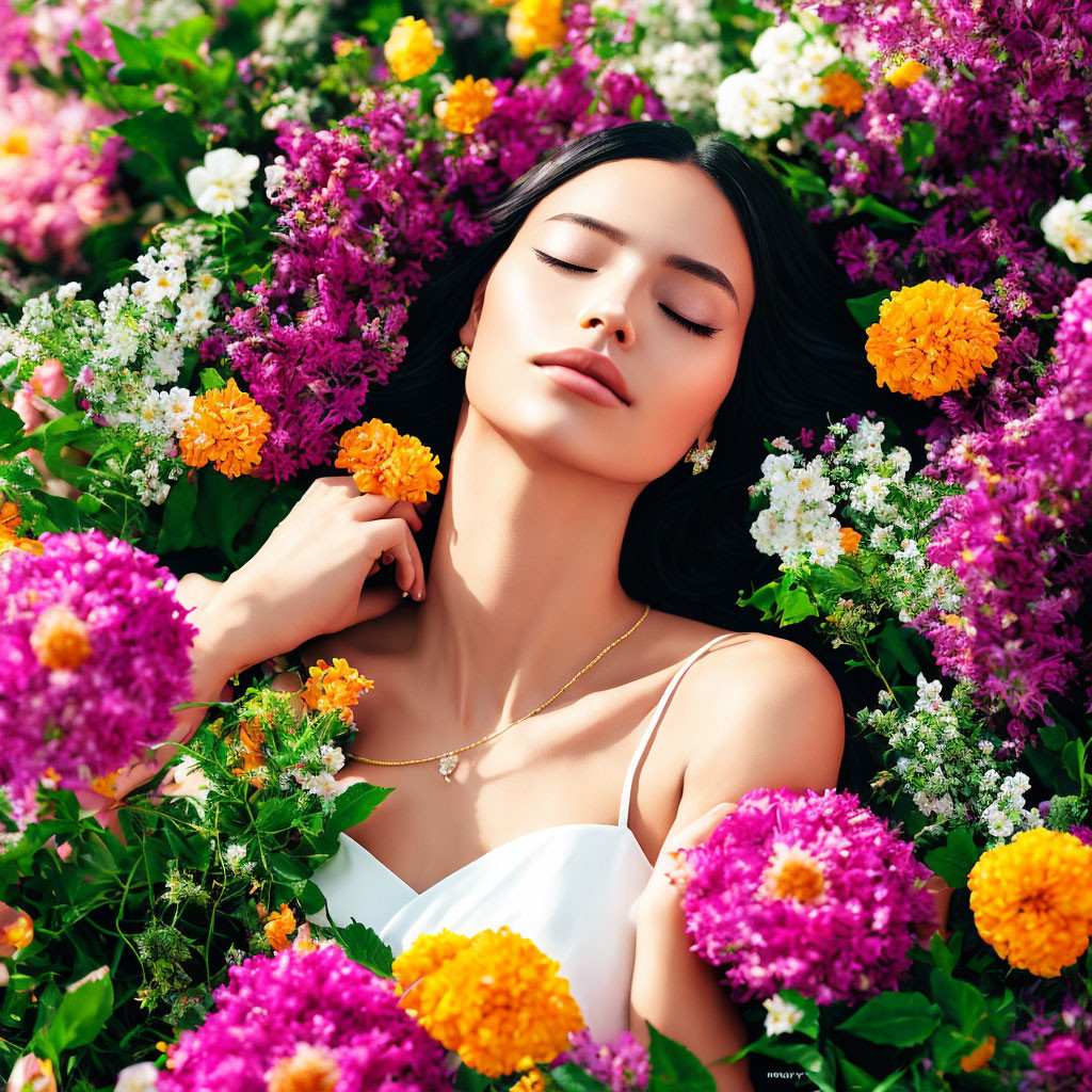 Woman Surrounded by Vibrant Flowers in Purple, Pink, and Orange