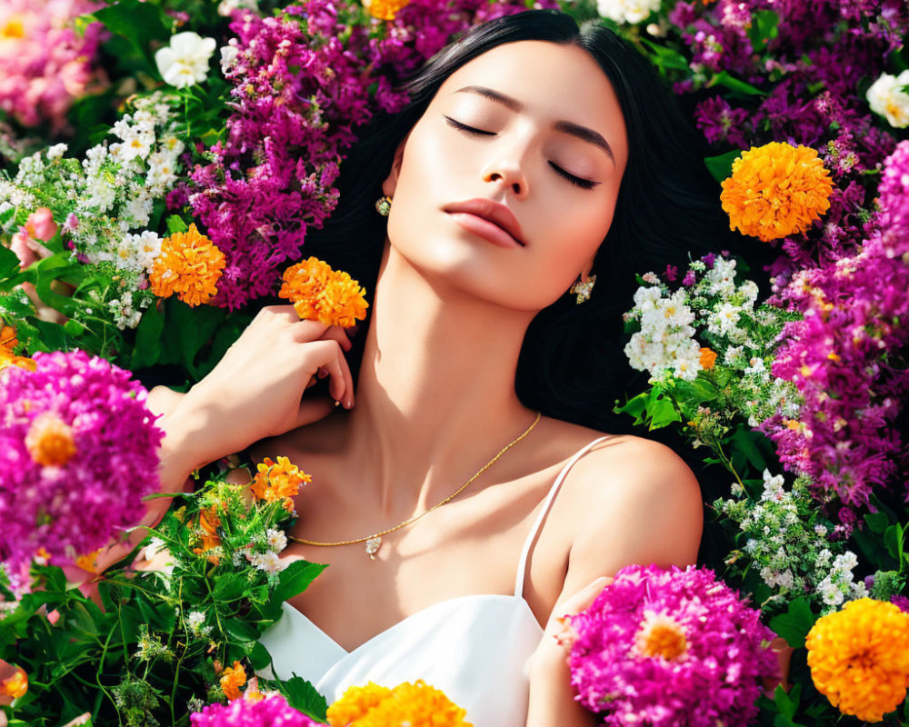 Woman Surrounded by Vibrant Flowers in Purple, Pink, and Orange