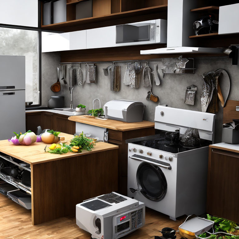 Contemporary kitchen with stainless steel appliances, wooden countertops, fresh vegetables, and a portable generator.