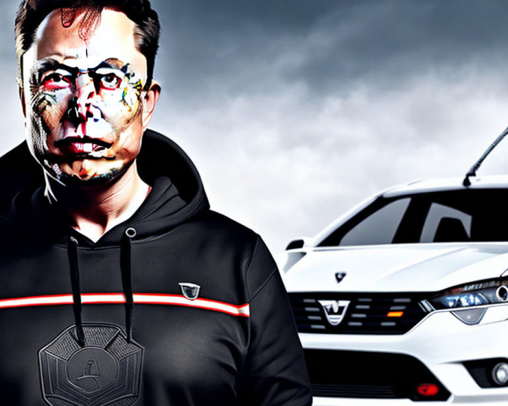 Digitally altered portrait of man with robotic face and futuristic car against dark sky