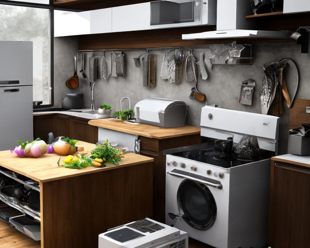 Contemporary kitchen with stainless steel appliances, wooden countertops, fresh vegetables, and a portable generator.