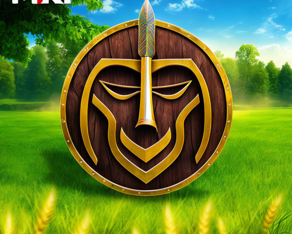 Wooden shield with metallic rim & stylized face design in lush meadow & blue sky