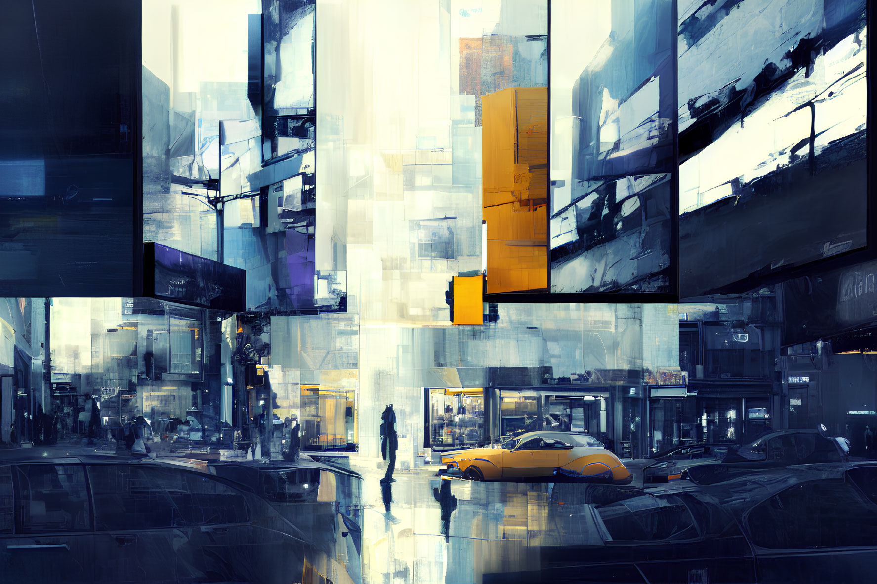 Abstract futuristic cityscape with reflective surfaces, person silhouette, and yellow car.