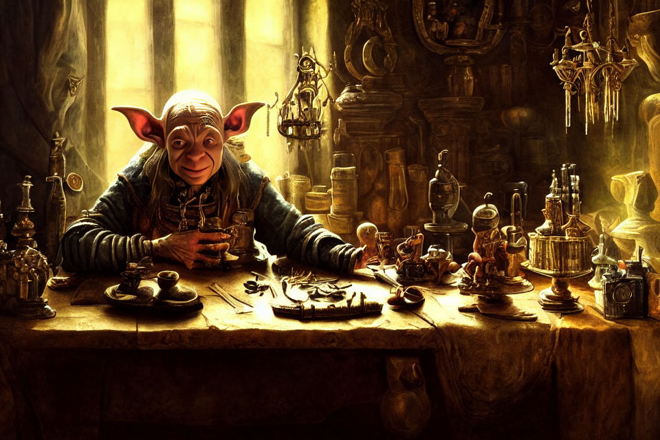 Whimsical creature with large ears at cluttered antique table