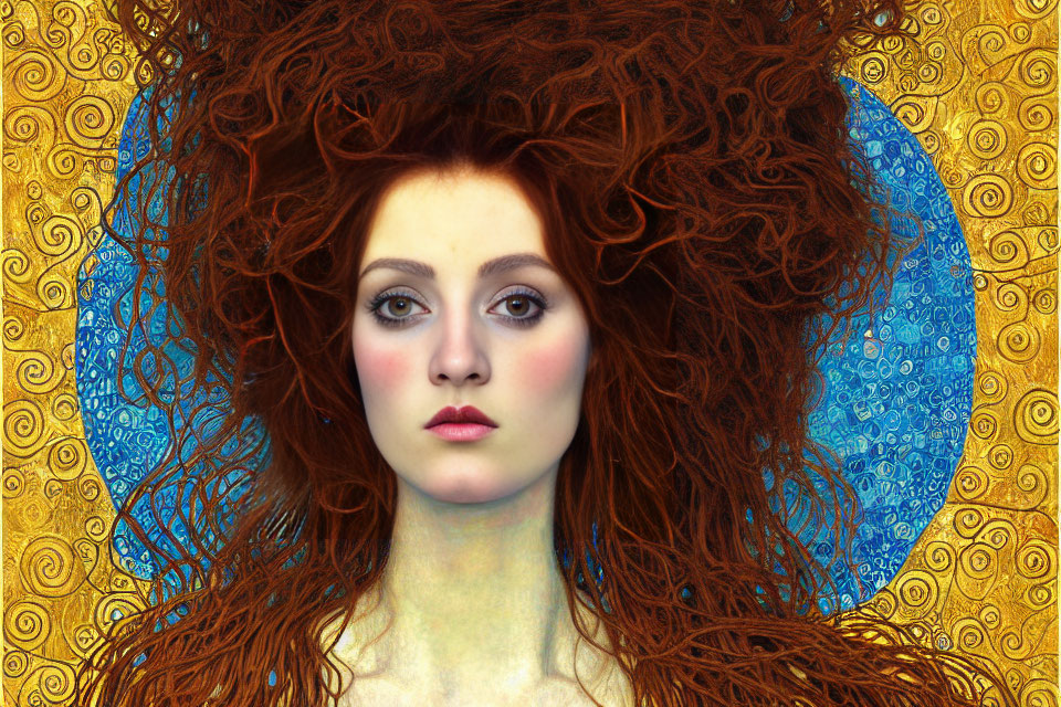 Woman with Voluminous Reddish-Brown Hair on Blue and Gold Background