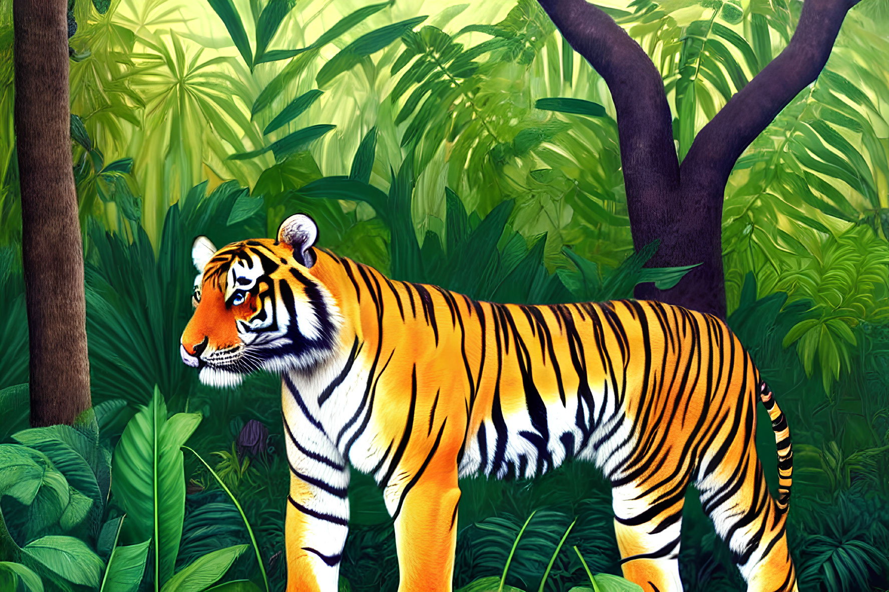 Detailed Tiger Illustration in Lush Green Jungle