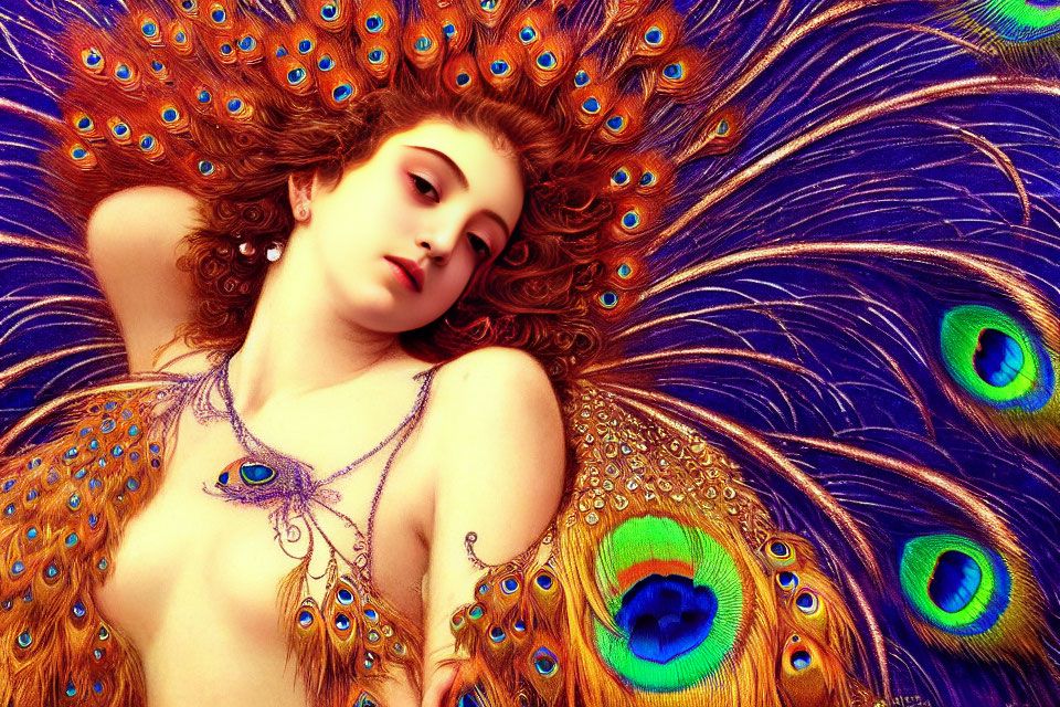 Red-haired woman reclining against vibrant peacock feathers background