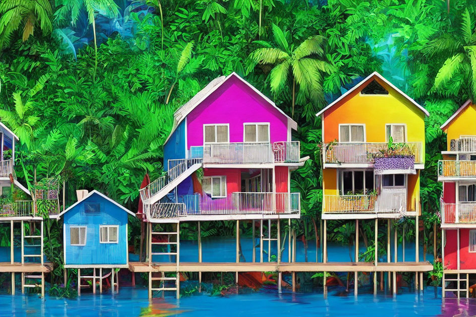 Colorful Stilt Houses Overlooking Tropical Forest and Blue Waters