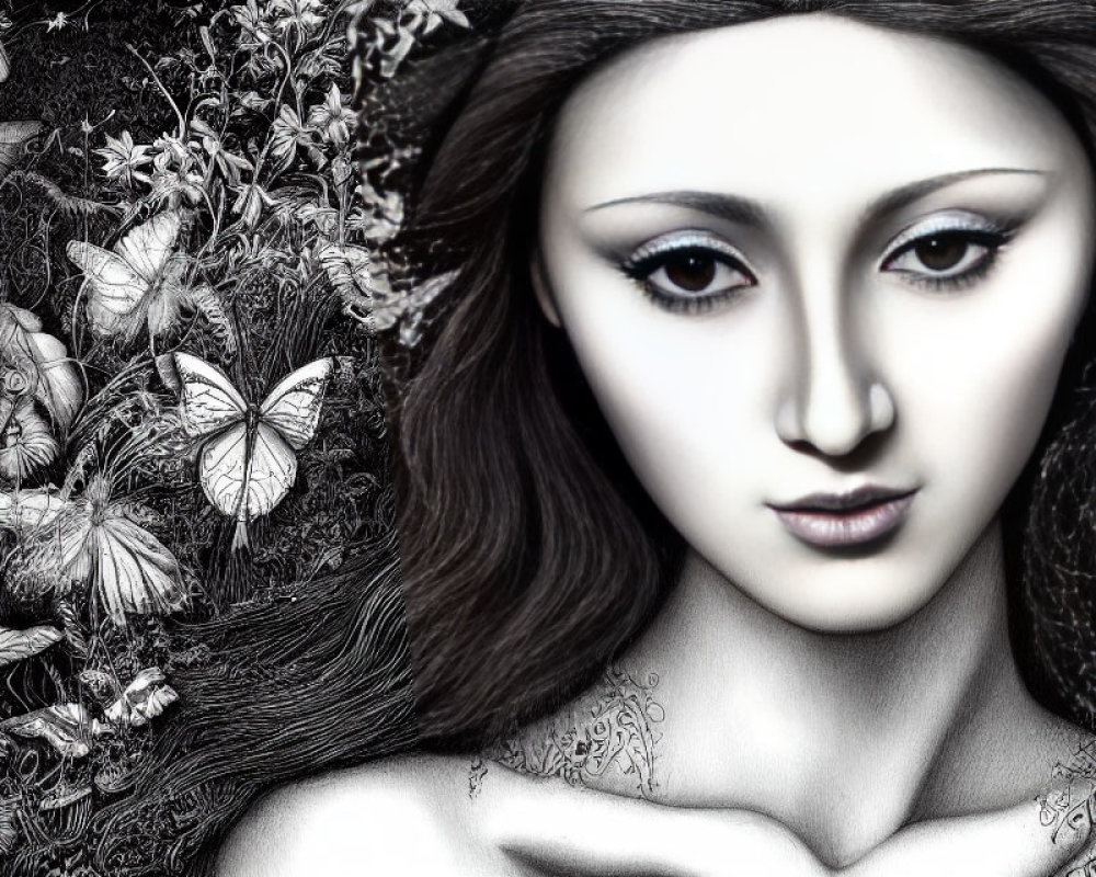 Monochrome Artwork of Woman Surrounded by Flora and Butterflies