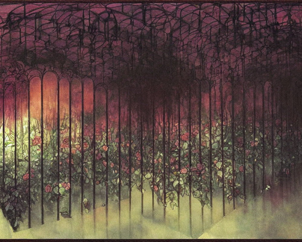 Illustration: Dark, moody rose garden at dusk with dense foliage and ornate trellis