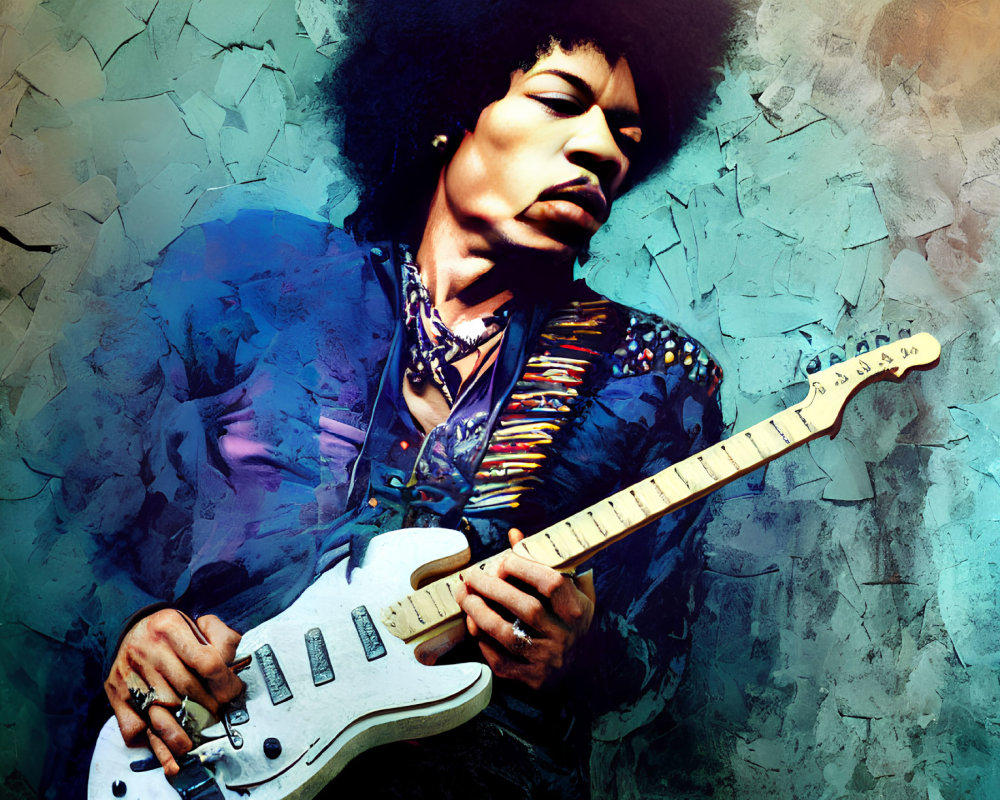 Stylized image of person with afro playing Fender guitar