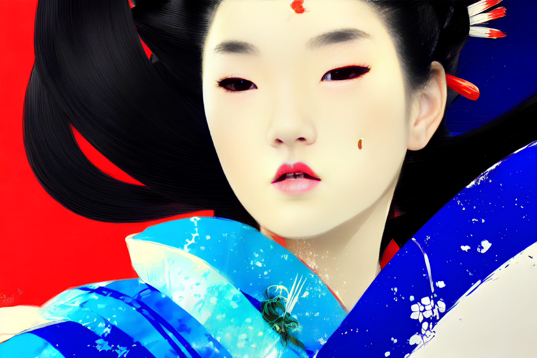 Digital art: Girl in traditional Japanese attire with red and blue colors