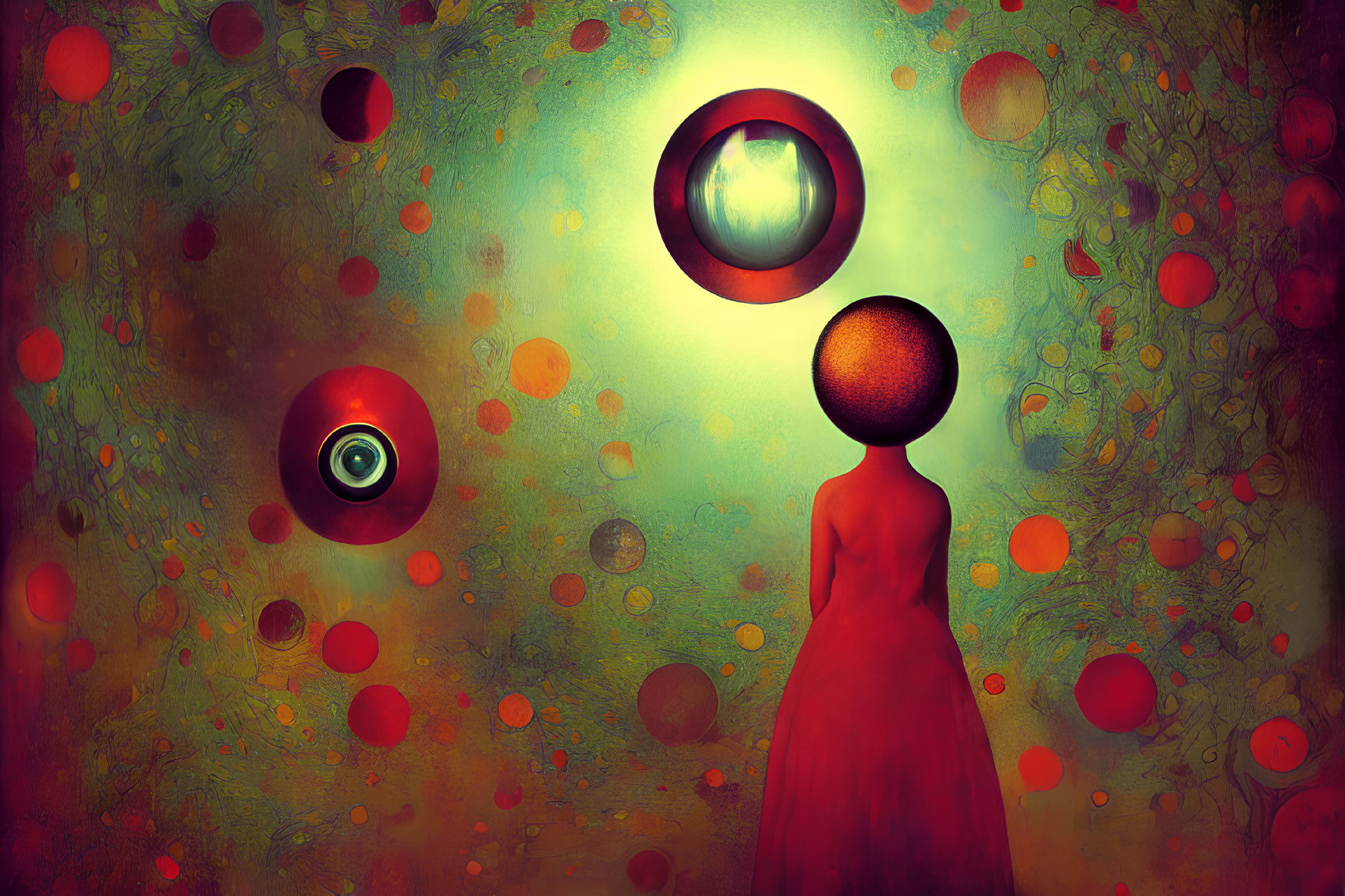 Surreal artwork of figure in red dress with floating orbs on vibrant backdrop