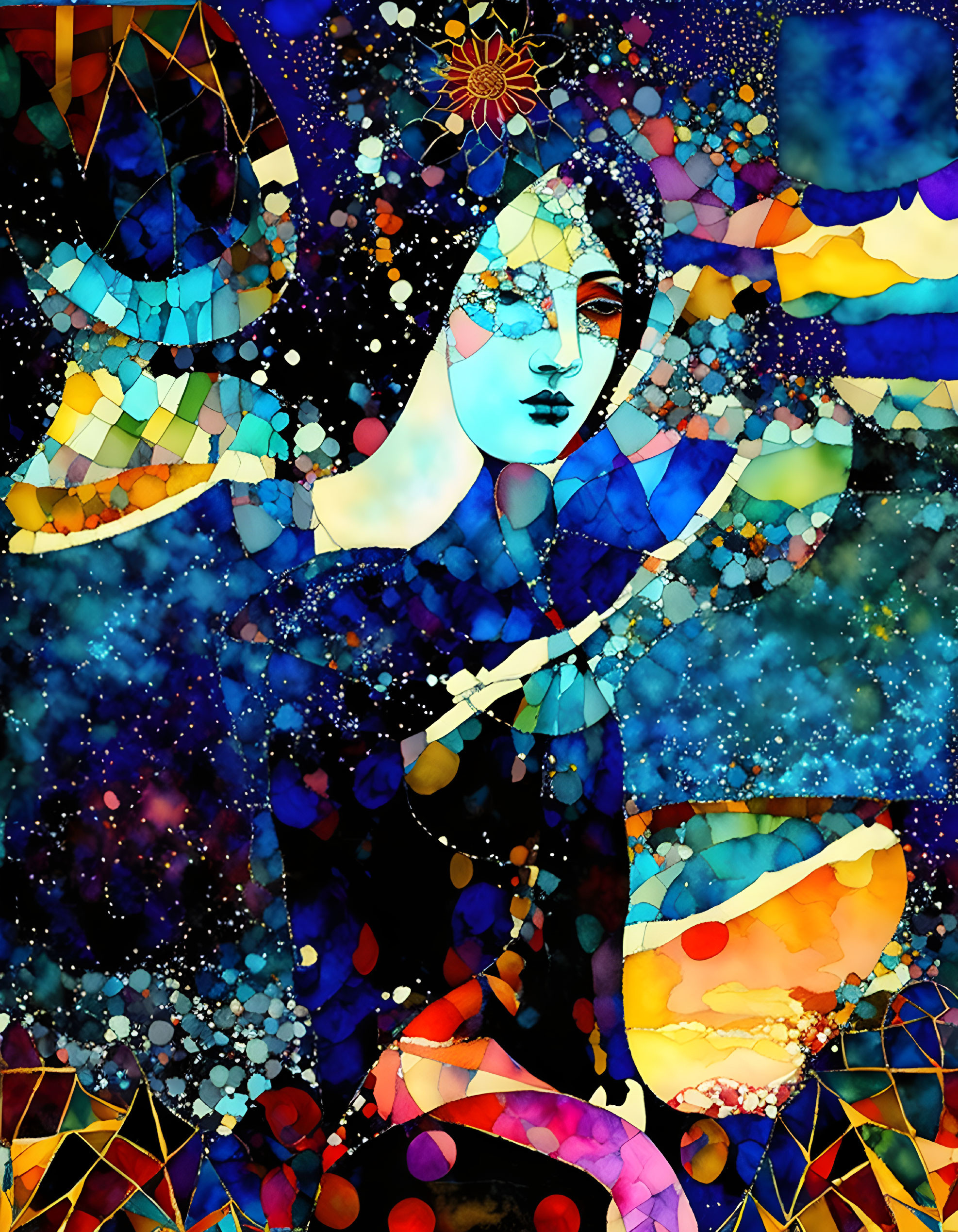 Colorful Mosaic-Style Woman Illustration with Celestial and Floral Elements