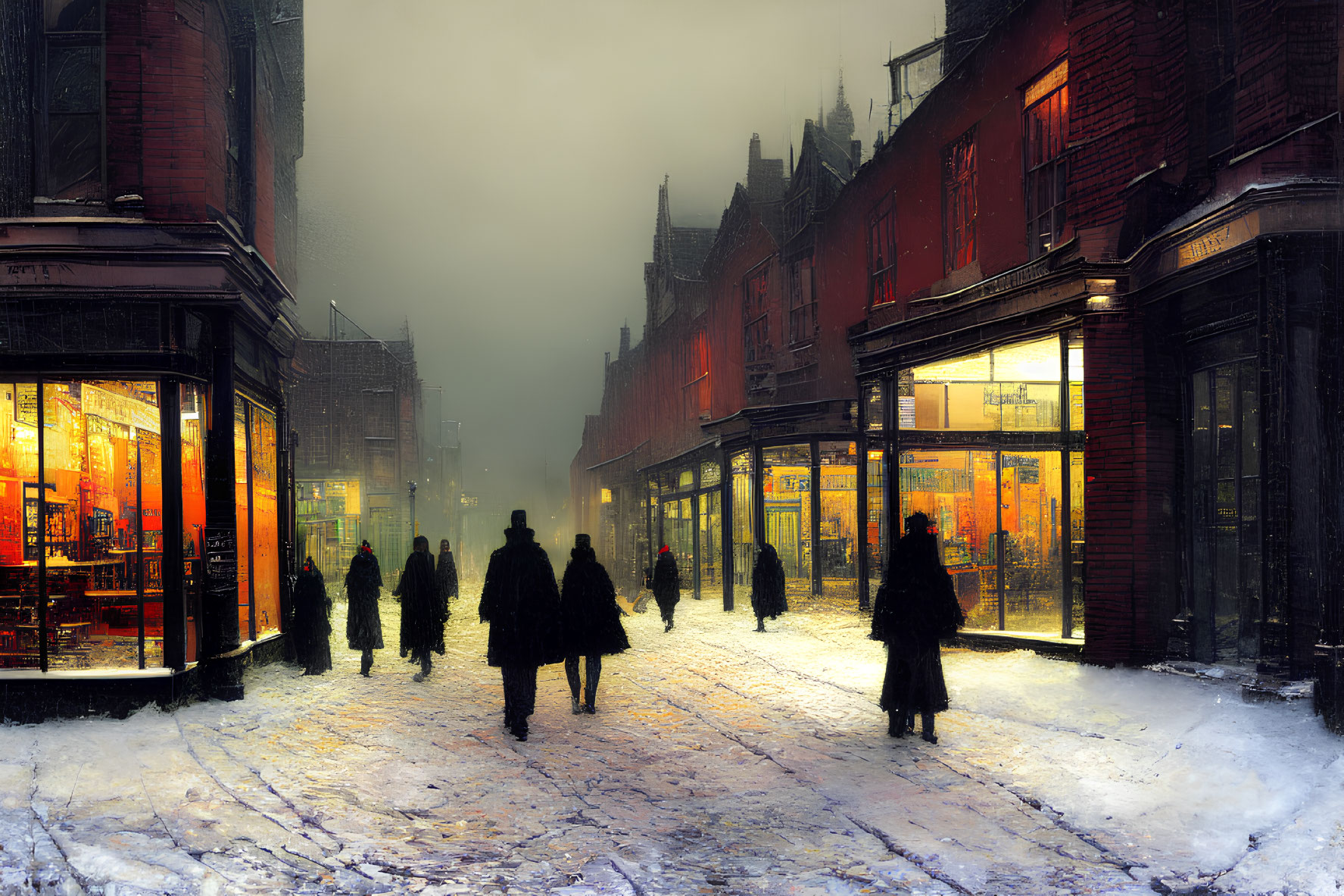 Snowy urban street at dusk with pedestrians and warmly lit shop windows