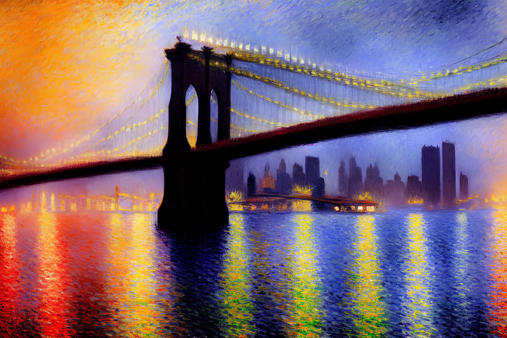 Impressionist-style painting: Bridge at dusk with vivid water and colorful sky