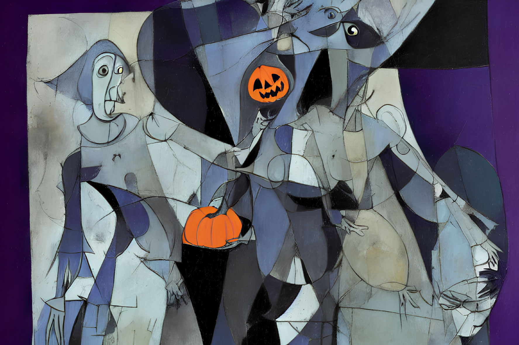 Cubist-style artwork with distorted figures and Halloween pumpkin motif