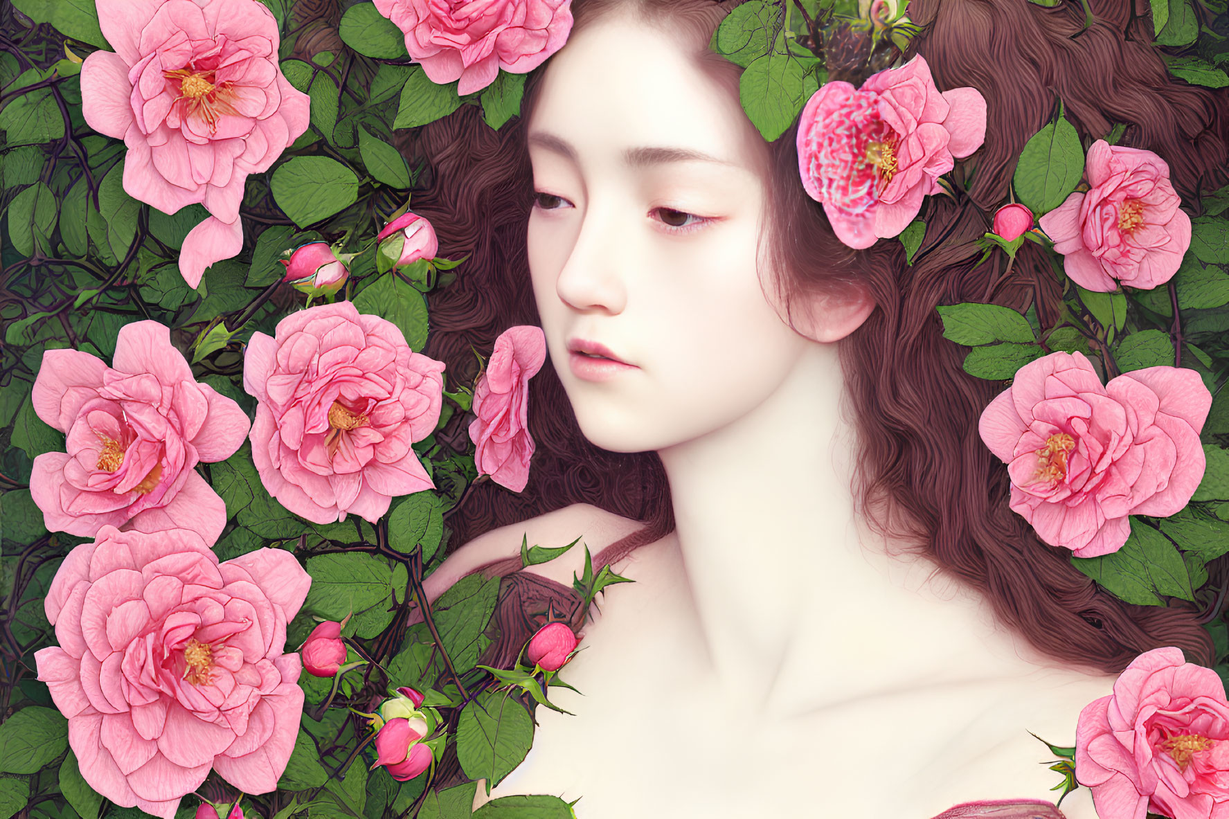 Pale woman with dark hair amidst pink roses and green foliage