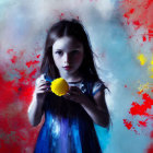 Young girl in blue dress with yellow balloon on vibrant abstract background