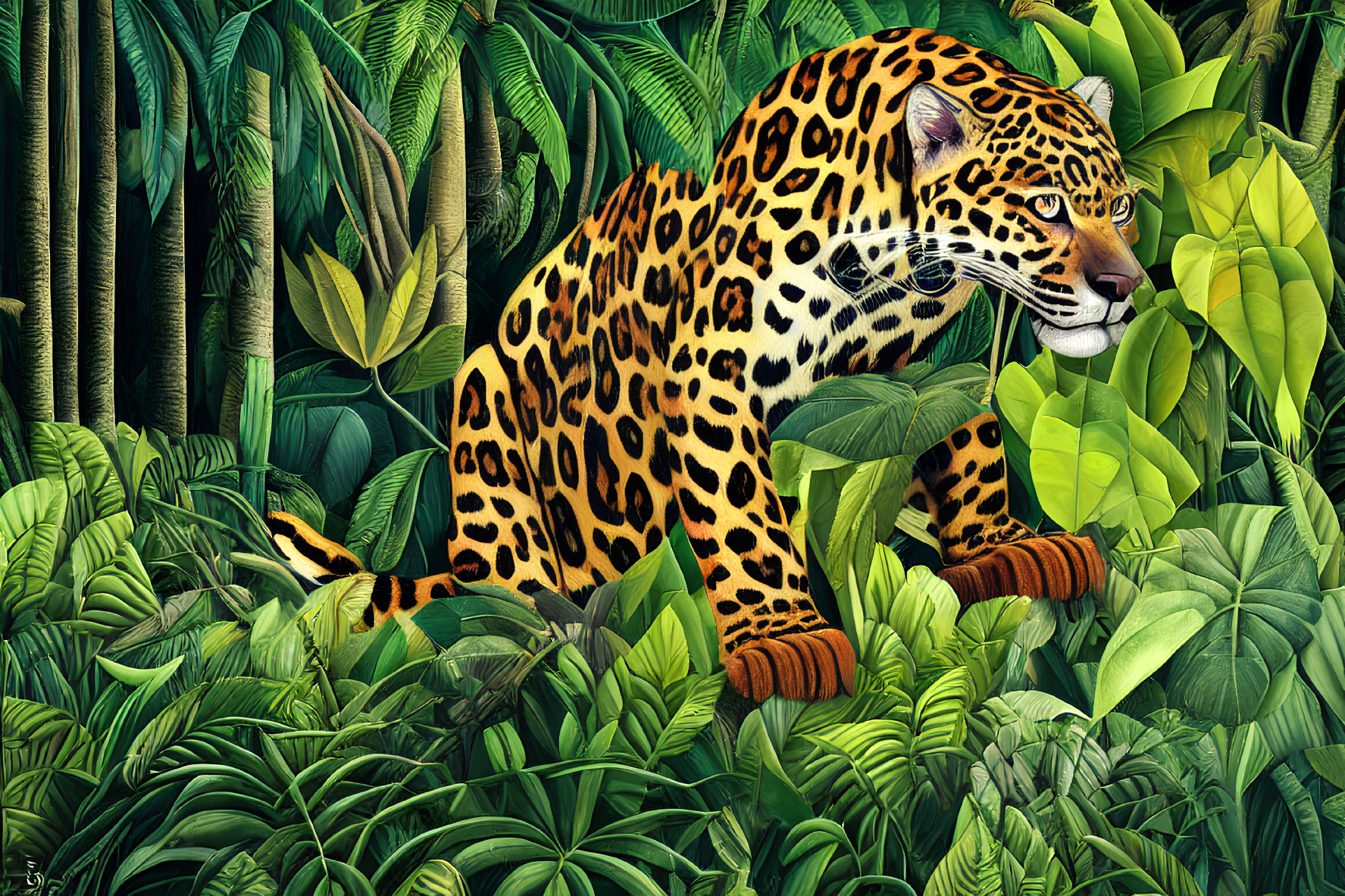 Colorful Leopard Illustration in Lush Jungle Setting