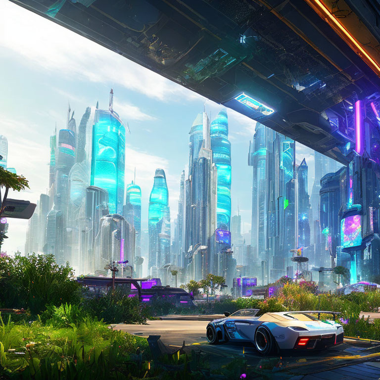 Futuristic cityscape with skyscrapers, neon signs, sports car, greenery, clear