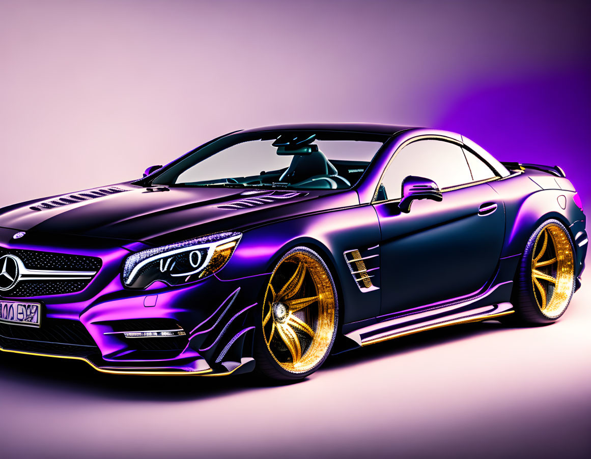 Vibrant Purple Mercedes Sports Car with Golden Wheels on Neon Pink Backdrop