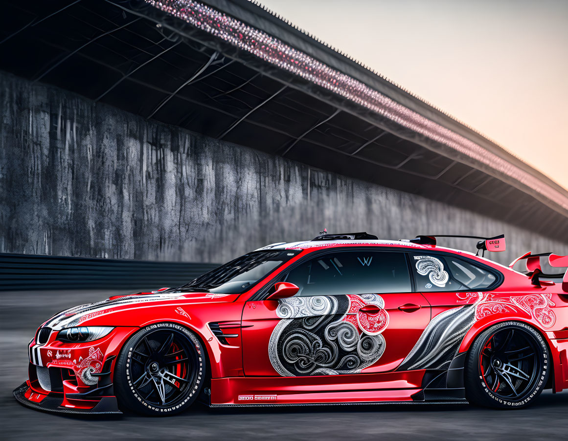 Red Racing Car with White and Black Decals on Track with Stadium Lights