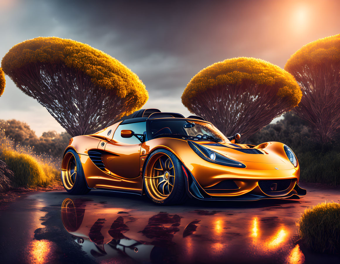 Orange Sports Car Parked on Wet Road with Scenic Trees at Sunset