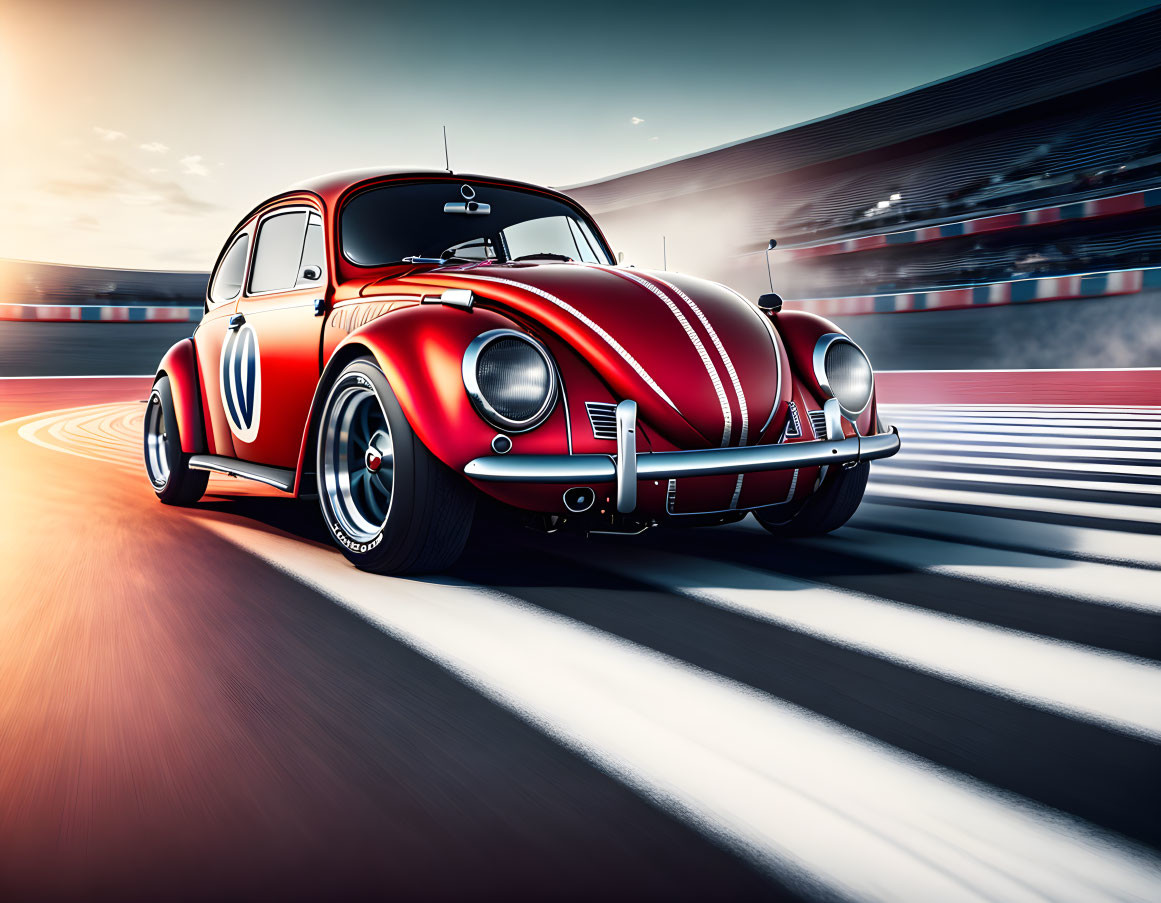 Red and White Volkswagen Beetle Racing on Track with Number 53