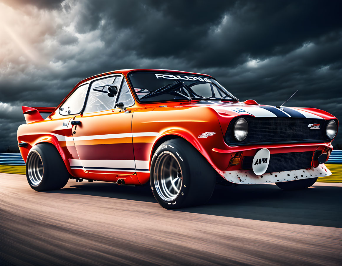 Vintage race car with red and orange livery on racetrack under dramatic sky