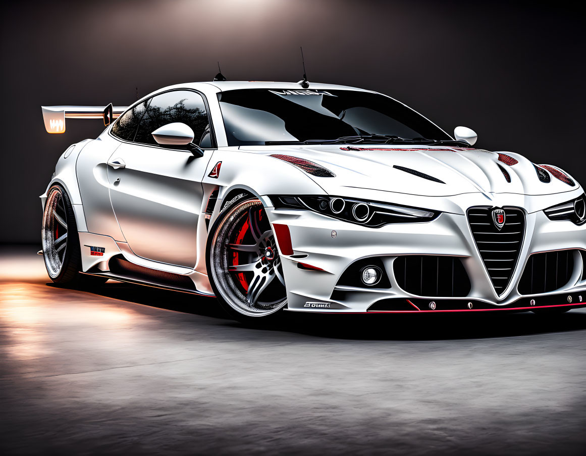 Custom White Sports Car with Red Accents and Large Rear Wing Displayed in Studio Lighting