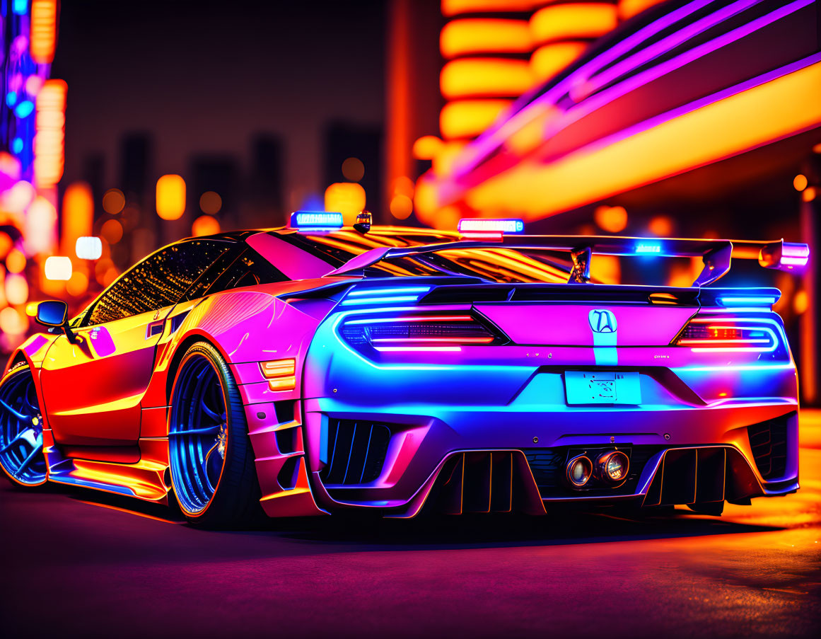 Vibrantly colored sports car with neon lights in city night scene