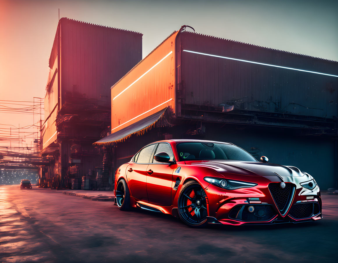 Red Sports Sedan with Black Accents in Industrial Sunset Scene