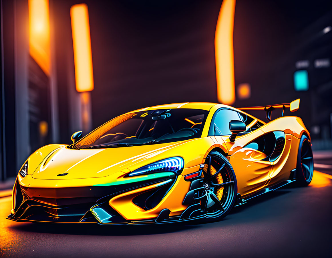 Sleek Yellow Sports Car Parked on Street at Night