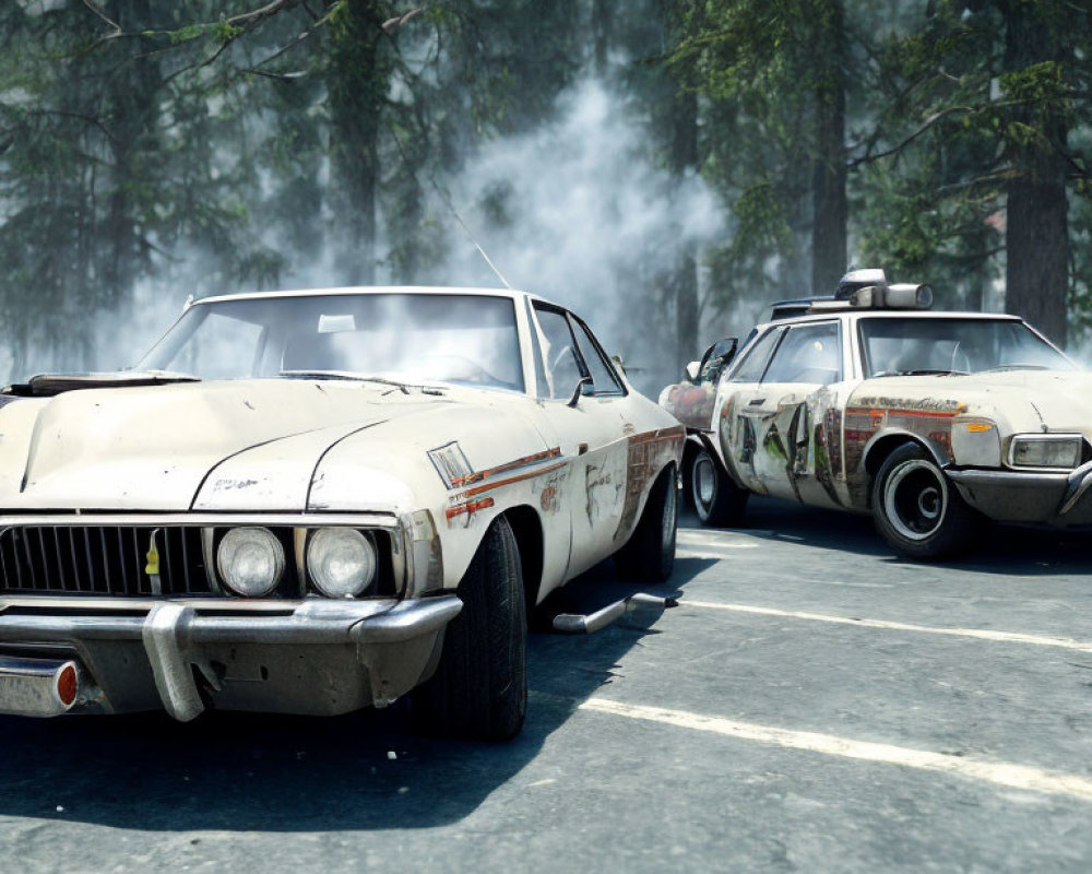 Vintage Police Cars with Wear and Damage on Foggy Wooded Road