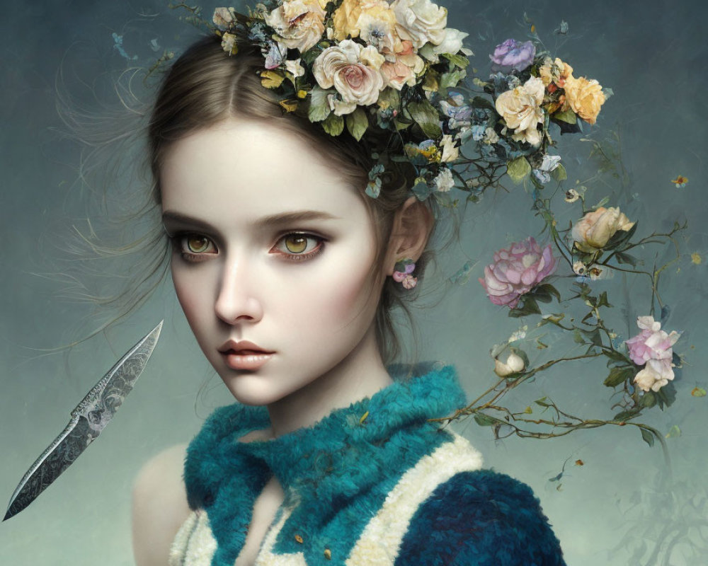 Digital artwork: Young woman with floral crown & fur collar, feathered arrow & floating roses.