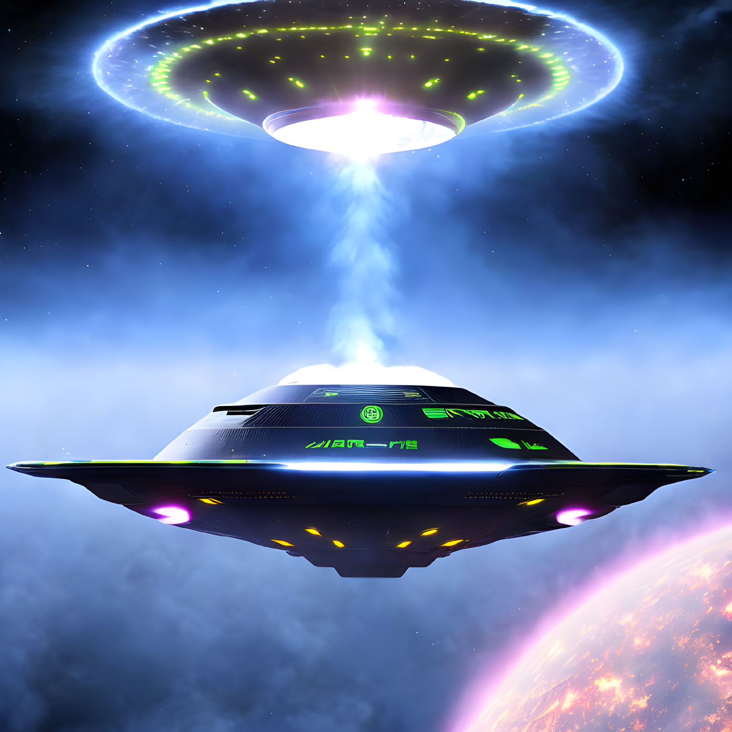 Futuristic UFO spacecraft beaming light onto glowing planet in space