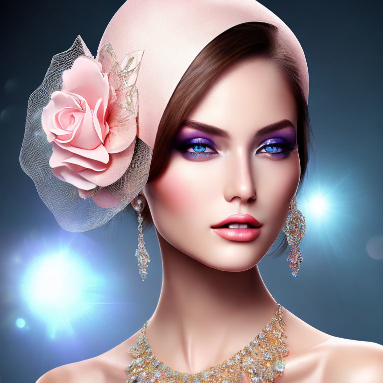 Detailed portrait of a woman in pink hat with blue eyes and elegant accessories