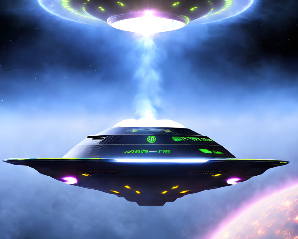 Futuristic UFO spacecraft beaming light onto glowing planet in space