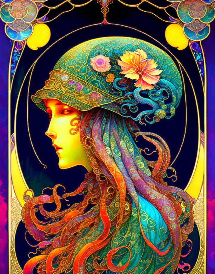 Colorful Woman with Intricate Patterns in Hair and Hat Against Celestial Background